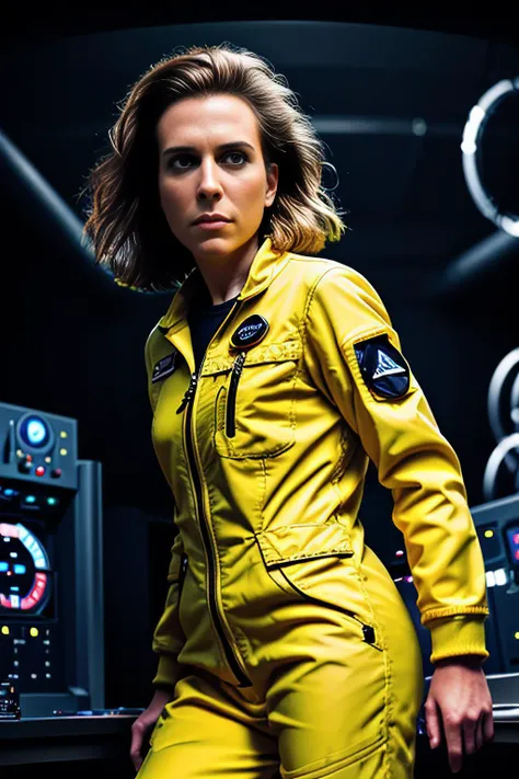 a cinematic movie still of beautiful (KW116:1.1) woman,as a nuclear engineer,wearing (yellow flightsuit:1.2),(wielding a plasma torch:1.3),long hair,(dramatic action pose),working inside a (futuristic nuclear fusion plant:1.4),surrounded by (glowing gauges...