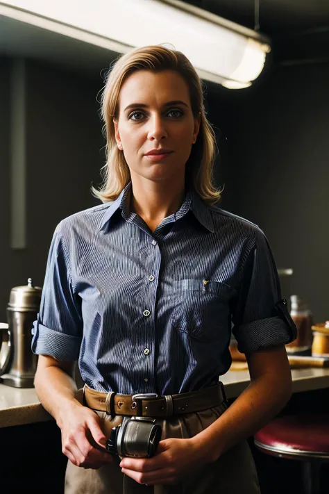 a realistic photograph of beautiful (KW116:1.1) woman as a waitress,standing behind the counter of a 1950s (american diner restaurant:1.1),with a striped shirt and red belt,soft lighting,high quality,film grain,Fujifilm XT3,(highly detailed),(Award winning...