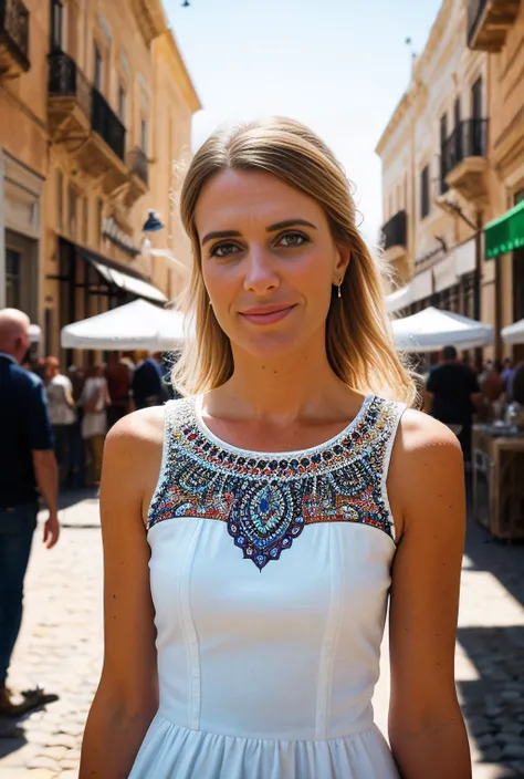 a professional photograph of beautiful(KW116:1.2) woman,as a beautiful journalist,wearing a white sundress,walking along cobblestone streets in Morocco,shopping at a busy open street market surrounded by shops,shops with (carpets and crafts:1.3),with color...