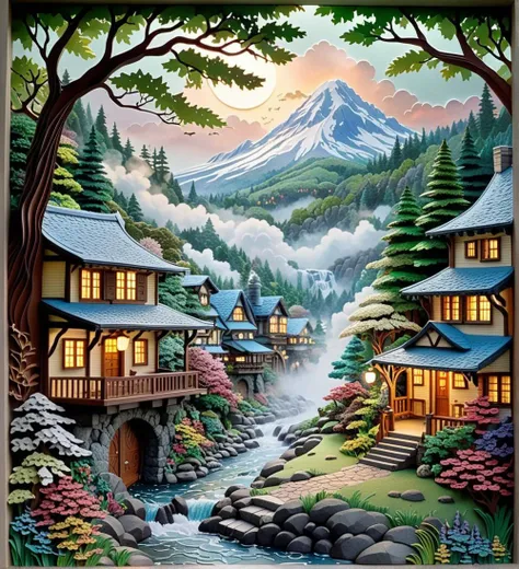 a painting of a mountain village with a stream running through it