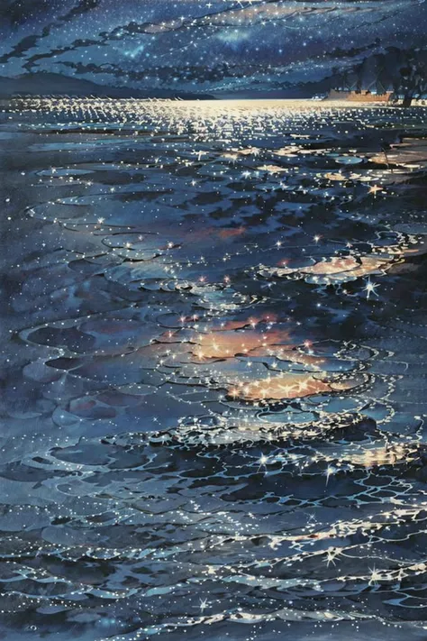 a painting of a full moon reflecting in the water