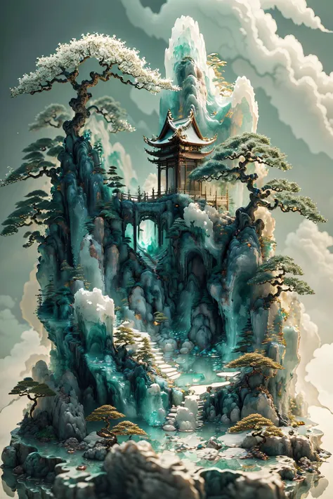 a painting of a mountain with a pagoda and a waterfall