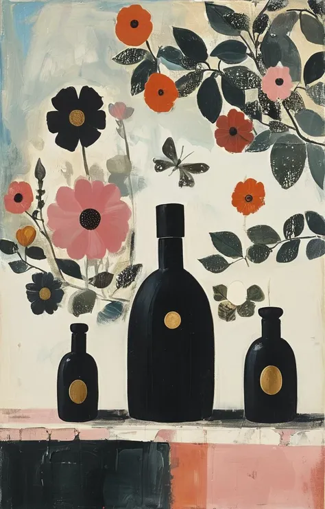 masterpiece,best quality,<lora:tbh198-sdxl:0.9>,illustration,style of Mary Fedden A bottle of perfume in garden