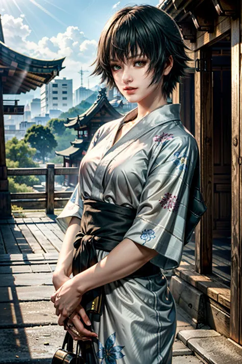 (masterpiece, best quality) <lora:epi_noiseoffset2:1>  <lora:add_detail:0.7>  <lora:LadyDMC:0.8>
LadyDMC, 1girl, solo, short hair,red eyes, heterochromia, green eyes, yukata, japanese temple