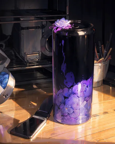 purple and black vase with flowers and a cell phone on a table