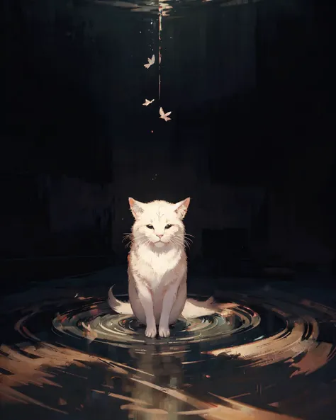 there is a white cat sitting in a puddle of water