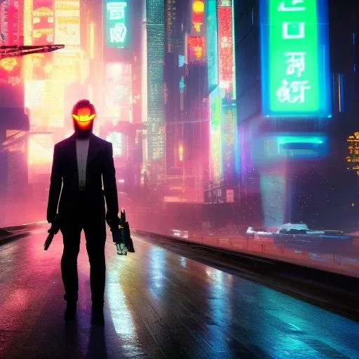 cyberpunk a man in a futuristic suit with a gun in his hand and a cat mask on his head, in a neon city