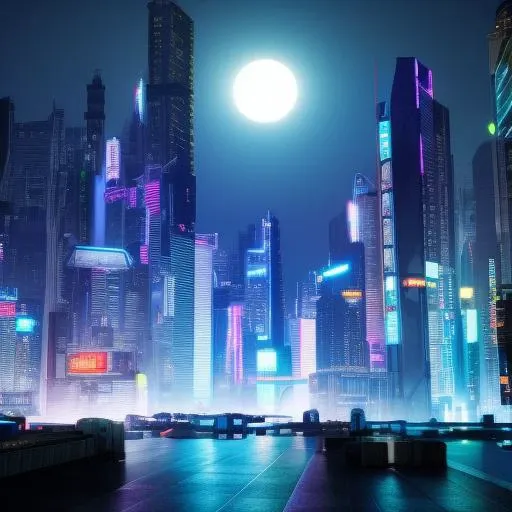 cyberpunk a futuristic cityscape with a background at night time with bright lights and a bright moon