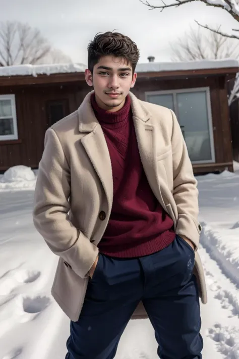 arafed man in a coat and sweater standing in the snow