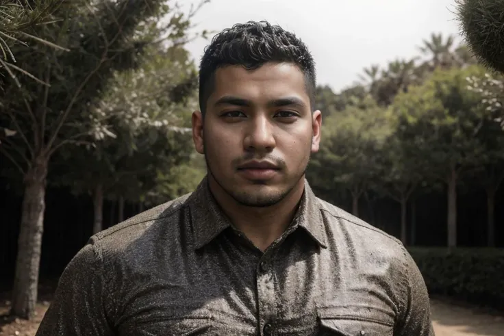 arafed man in a shirt standing in a park with trees