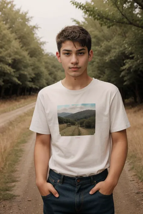 Candid photo of dg_Luis, 18yo boy, (short hair), skin imperfections, expressive, chill atmosphere, <lora:dg_Luis_v1:0.8>, 
portrait, analog style, masterpiece, short hair, casual, 
dirt road, country, rural, summer afternoon, woods, fields,