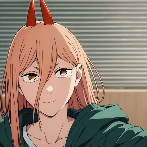 anime girl with horns and a hoodie looking at the camera