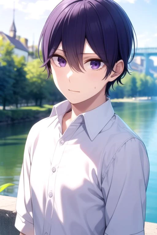 masterpiece, best quality, , 1boy, solo, male focus, looking at viewer, upper body, depth of field, , realistic, <lora:yuusuke_nisaka:0.68>, yuusuke_nisaka, purple hair, purple eyes, , river,