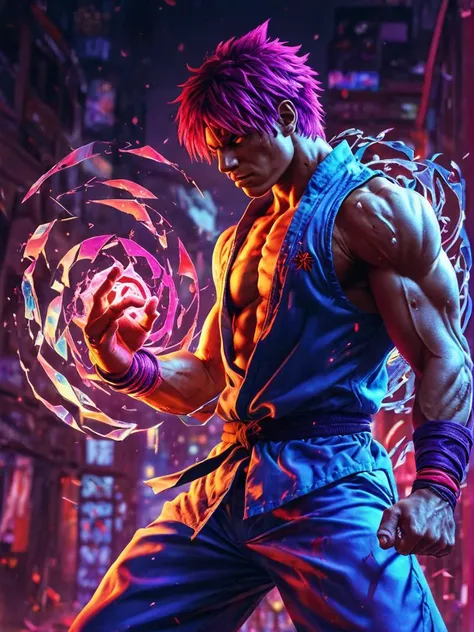 "Quit playing games with my heart.", at Nighttime, soft focus, pixiv, <lora:dare_blacklight_dances:1> blacklight photography as a street fighter character, Shattered glass reflecting vibrant hues, dances in an ethereal swirl