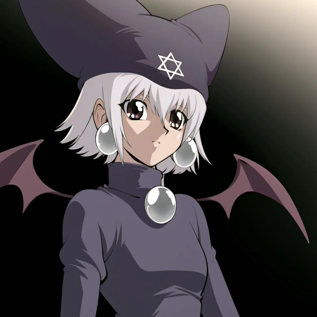 (masterpiece, best quality), TakahiroKagami, 1girl, gray eyes, round eyes, white hair short hair, bangs, long sleeves, hat, jewelry, upper body, earrings, wings, bat wings, jester cap <lora:MayuraV1-10:0.85> <lora:takahirokagamiyugioh-midpoint:0.75>