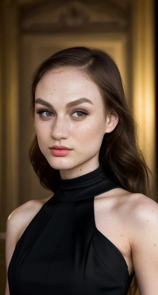 madison a beautiful woman in a mall, wearing a beautiful black evening dress, hi detail, sharp focus, perfect lighting, awesome, dslr, 4k high quality. extra detail, extra sharp, magical, perfect moment, natural skin, pores