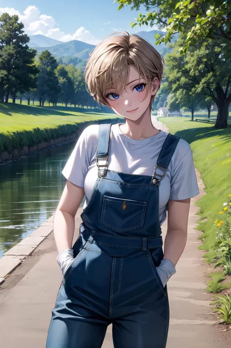 (masterpiece, best quality, detailed), 1girl, solo, harukasm, looking at viewer,
overalls, white shirt, short sleeves, white gloves, outdoors, house, rural, village, scenery, path, river, bridge, hands in pockets, smile, head tilt