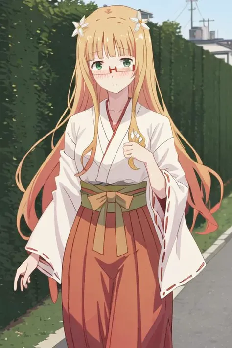 best quality, masterpiece, highres, solo, {white kimono:1.35}, {red hakama:1.35}, {wide sleeves:1.20}, {mitsuki_sonoda_sakuratrick:1.15}, blonde_hair, glasses, flower, blush, hair_flower, hair_ornament, long_hair, green_eyes, red-framed_eyewear