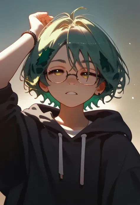 score_9, score_8_up, score_7_up, from_anime, 1girl, green hair short hair, glasses, black hoodie,