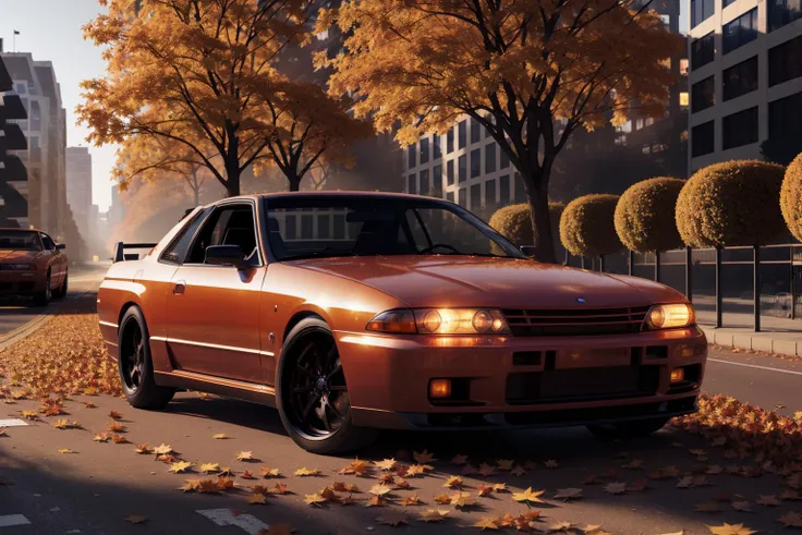 skyliner32, sports car parked on a street covered with leaves in autumn in a (city:1.3), fall, global illumination, volumetric l...