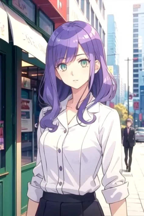 masterpiece, best quality, wallpaper, 1girl, solo, looking at viewer, , , anime coloring, realistic, <lora:mako_saitou:0.66>, mako_saitou, purple hair, green eyes, business attire, , sidewalk,