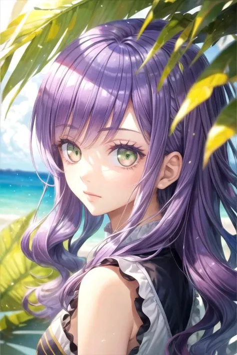 masterpiece, best quality, , 1girl, solo, looking at viewer, upper body, depth of field, anime coloring, , <lora:mako_saitou:0.68>, mako_saitou, purple hair, green eyes, luxury clothing, , A tropical paradise where the sun shines brightly every day,