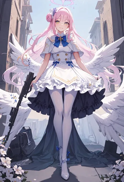 best quality, masterpiece, highres, solo, (mika_bluearchive:1.10), 1girl, closed mouth, flower, holding gun, submachine gun, white capelet, white dress, white pantyhose, looking at viewer, medium breasts, smile, very long hair, frilled dress, full body, hi...