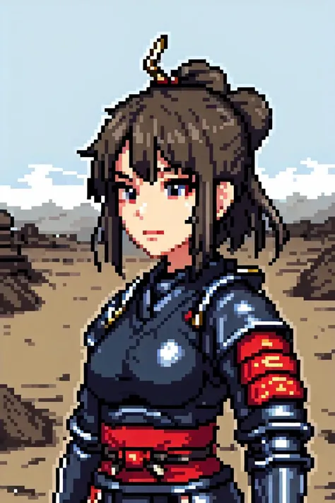 a pixel art of a woman in armor standing in a desert