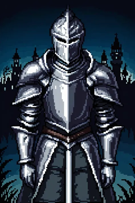 a close up of a pixel knight in armor with a sword