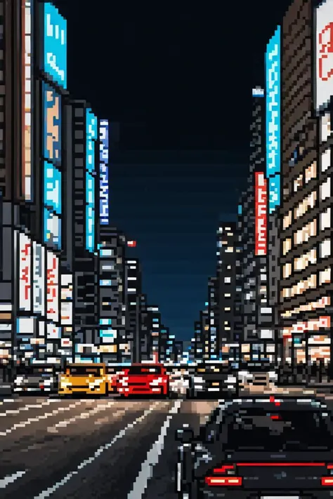 a close up of a city street with cars and neon signs