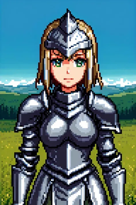 a pixel image of a woman in armor standing in a field