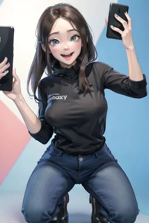 Squatting , ( In the mobilephone store,)  jeans  long pants,  
( covered nipples : 1.0) , skin tight,
( blush, embarrassed, smile : 1.0)  ,
 ( selfie : 1.2 ) ,
( masterpiece ) , 
MEME_samsung_sam_ownwaifu