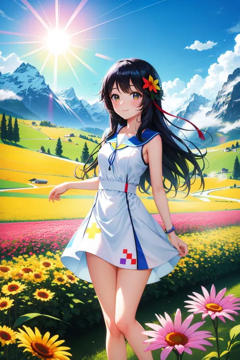 1girl, Color splash, flawless, landscape of a Pure (The Swiss Alps:1.1) , Taiwanese flower field and X-ray binary in background, Spring, cubism art designed by Tarsila do Amaral, Royalcore, Sunlight