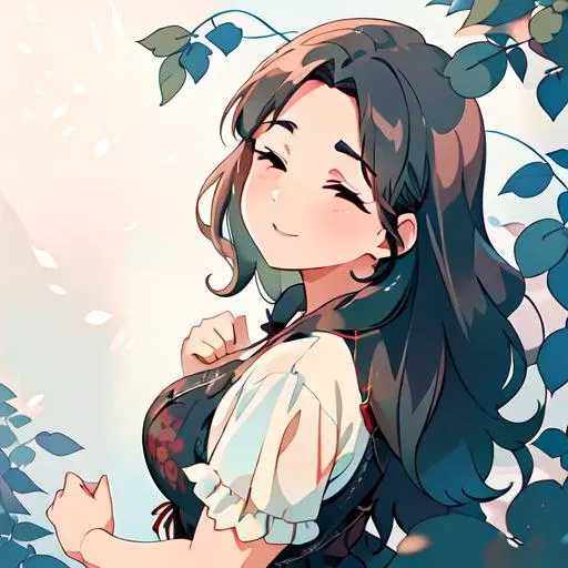 anime girl with long hair and a white blouse standing in front of a tree