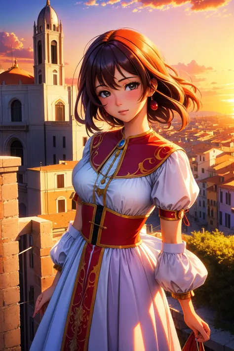 1girl, [colorful art designed by Stephen Shortridge and George Perez:1], professional 3D Rendering, landscape of a Timeless Italy, at Sunset, Movie still, Sad, close-up, expressive