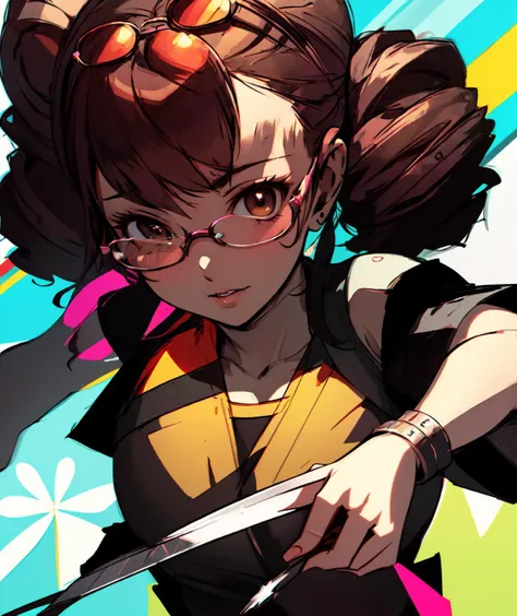 (best quality, masterpiece, perfect face, highest detailed face) <lora:Persona4RiseKujikawa:0.8> Persona4RiseKujikawa, brown hair, twin drill tails, outfit-kungfubremerton,eyewear on head,<lora:[LoRa]_Bremerton_(Kung-fu_cruiser)_Azur_lane_Clothing:1>, nice...