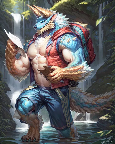 anthro,(zinogre:1.2),tail,((full body,blue eyes, blue body, white furry, yellow hand, yellow feet, blue face,4TOES,TAILS )),((horns)),muscular, nipples, map, (HOLDING MAP),waterfall, 
sharp teeth, spikes, detailed hands, TRAVELER ,spikes, DETAILED FEET, ((...