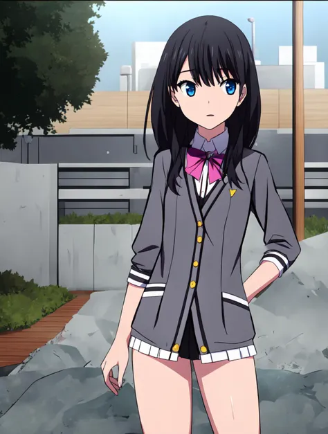 anime girl in school uniform standing in front of a building