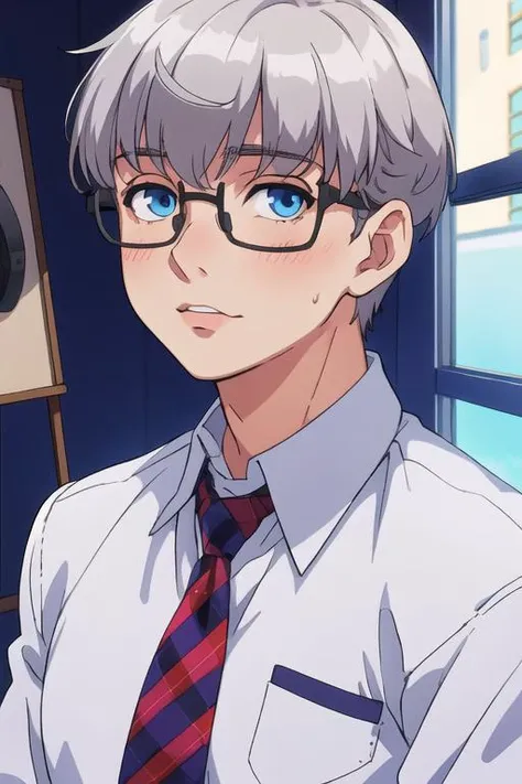 masterpiece, best quality, photorealistic, 1boy, solo, male focus, looking at viewer, upper body, depth of field, <lora:shouta_doi:0.70>, shouta_doi, grey hair, blue eyes, glasses, , , 12k resolution