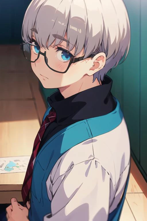 masterpiece, best quality, illustration, 1boy, solo, male focus, looking at viewer, , depth of field, <lora:shouta_doi:0.72>, shouta_doi, grey hair, blue eyes, glasses, , , dieselpunk, 4k resolution