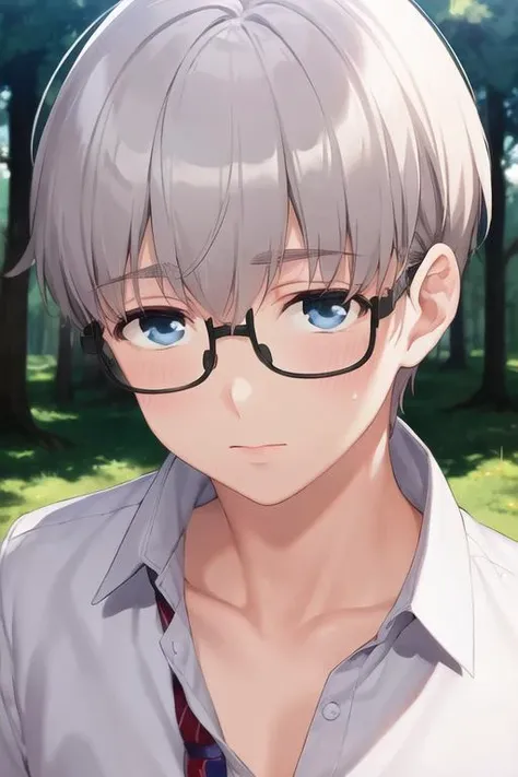 masterpiece, best quality, , 1boy, solo, male focus, looking at viewer, , , <lora:shouta_doi:0.66>, shouta_doi, grey hair, blue eyes, glasses, , , The Forest of Mirrors: A place where reality is distorted and nothing is as it seems, High definition