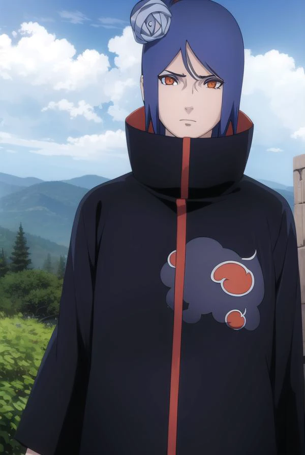 konan, <lora:konanv2.5-lora-nochekaiser:1>,
konan, short hair, hair ornament, blue hair, flower, hair flower, (orange eyes:1.2), (labret piercing:1.2), eyeshadow,
BREAK coat, cloak, black coat, black cloak, (akatsuki uniform:1.5), akatsuki (naruto),
BREAK ...