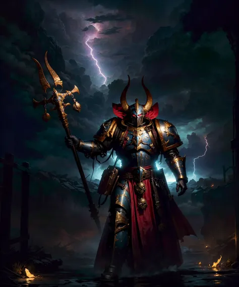 (waist-up, medium shot:1.1), closeup, epic photographic action shot of (ahriman, ascended:1.2), wearing (full armor:1.3), gold armor details, pauldron, (horned helmet:1.1), multiple horns, glowing eyes, (broad shoulders:1.3), narrow waist, tall, (holding m...