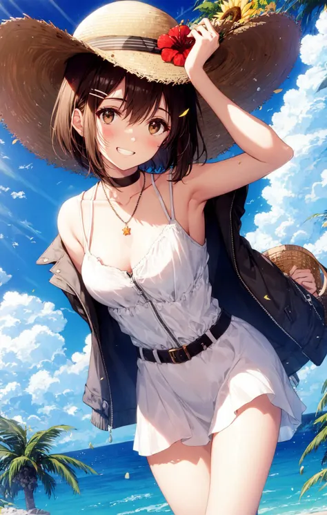 1girl, arms_up, bag, bangs, basket, belt, black_choker, blue_sky, blush, breasts, brown_eyes, brown_hair, choker, cleavage, clou...