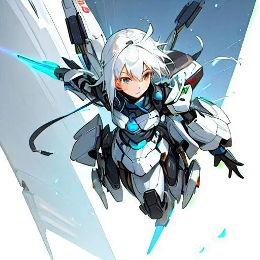 a girl white hair piloting a silver robot