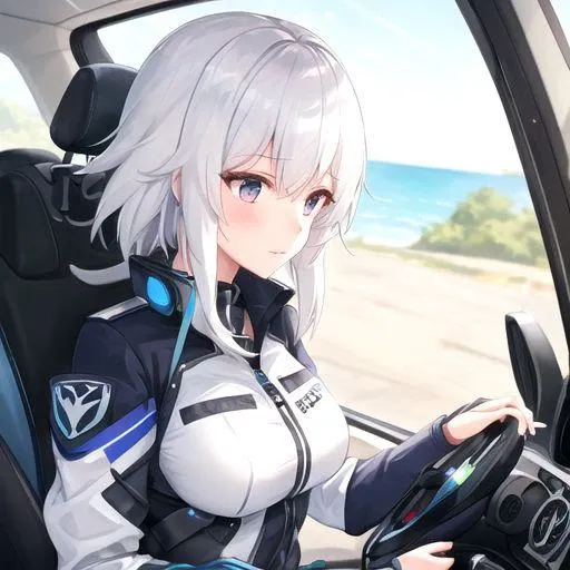 a girl white hair piloting a silver robot