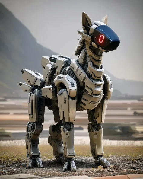 a close up of a robot dog standing on a field