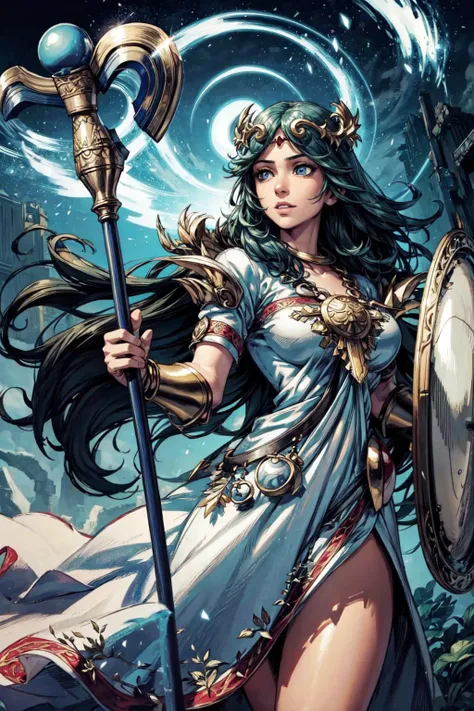 thick outlines, comics, photorealistic, 1man, solo, <lora:PalutenaV3:0.9>, IncrsPalutena, white dress, shield, staff, jewelry, sky, temple, detailed background, detailed face, detailed eyes, <lora:add_detail:0.7>