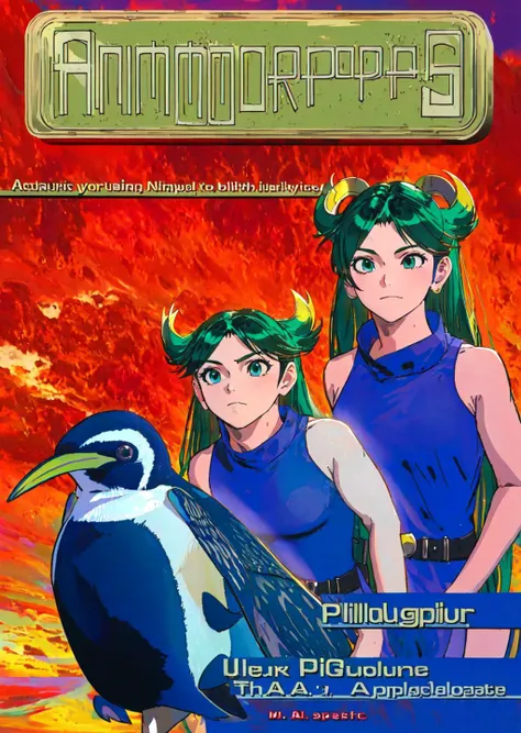 masterpiece, best quality, anime, animorphs, Palutena turning into a Chinstrap Penguin, green hair, exotic, <lora:Animorphs-09:1>,  <lora:Palutena:0.8>