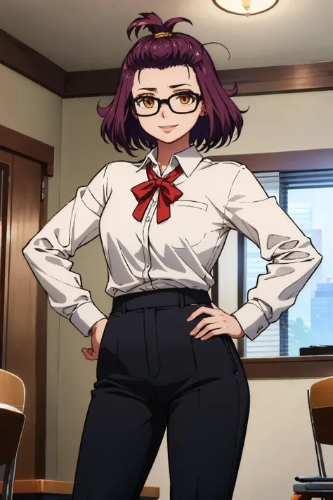 (masterpiece, best quality:1.2), solo, 1girl, kamino mei, smile, looking at viewer, hand on hip, glasses, collared shirt, long sleeves, black pants, indoors <lora:godzillasp_meikamino-10_adamw8bit:0.8>